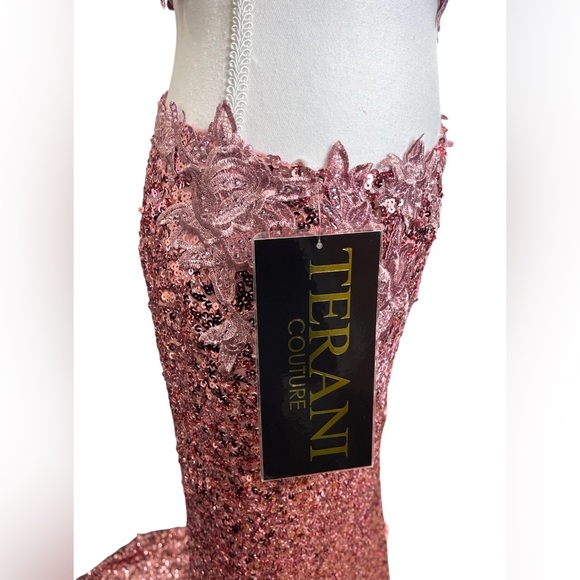NWT Terani Couture One Shoulder Pink Sequin Cut Out Formal‎ Maxi Gown Glamour - Picture 7 of 13